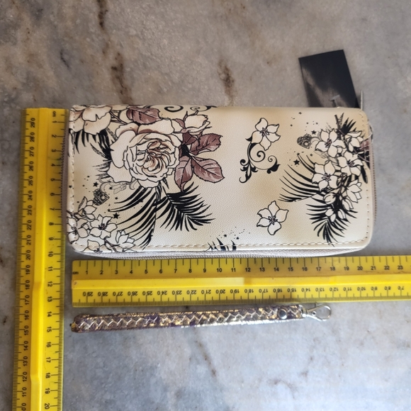 Floral Women Long Wallet Clutch Double Zip Wristlet Beige White Brown Flowers - Picture 6 of 6